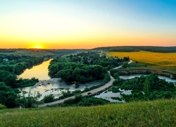 Rzeki, Widok, Z, Lotu, Ptaka, Zachód, Słońca