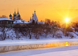 Rosja, Cerkiew, Zima, Rzeka, Promienie, Słońca