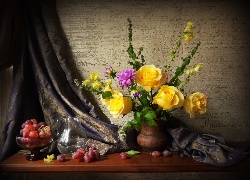 Żółte Róże, Winogrona, Tkanina, Bukiet Kwiatów, Kompozycja