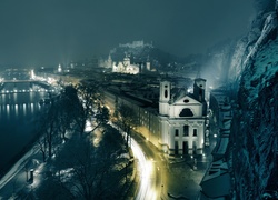 Austria, Salzburg, Miasto, Noc, Mgła