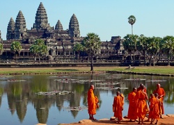 Kambodża, Angkor Wat, Mnisi, Staw