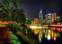 Drapacze Chmur, Rzeka, Yarra, Melbourne, Fragment, Miasta, Nocą