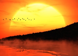 Zachód Słońca, Jezioro, Mgła, Stado, Ptaków