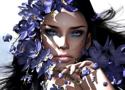 Kobieta, Niebieskie kwiaty, Portret, Grafika