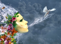 Fantasy, Kobieta, Kwiaty, Ptak