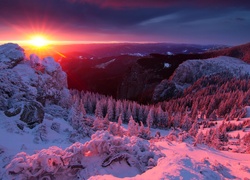 Zima, Góry, Las, Zachód słońca