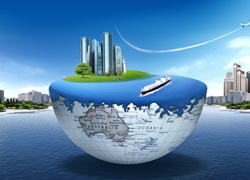 3D, Globus, Miasto, Morze