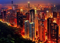 Drapacze, Chmur, Hong Kong, Panorama, Miasta, Nocą