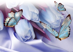 Tulipany, Niebieskie motyle, 3D, Wektorowa