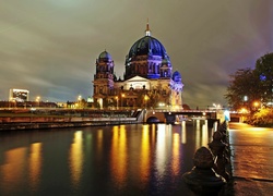 Rzeka, Szprewa, Most, Katedra, Berlin, Miasto, Nocą