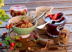 Musli, Powidła, Miseczka, Szklanka, Śniadanie