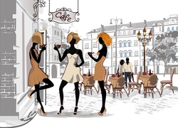 Kawiarnie, Paryż, Dziewczyny, Miasto, Ulica, Grafika 2D