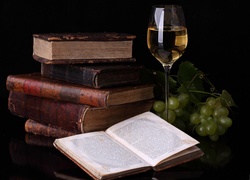 Książki, Kieliszek, Winogrona, Wino