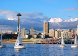 Stany Zjednoczone, Seattle, Wieża, Space Needle, Domy, Żaglówki