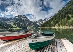 Austria, Tyrol, Góry, Jezioro, Łodzie, Pomost