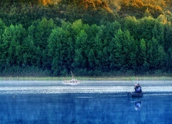 Jezioro Piaseczno, Wędkarze, Łódka, Poranek