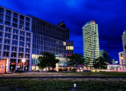 Budynki, Plac Poczdamski, Berlin, Miasto, Nocą