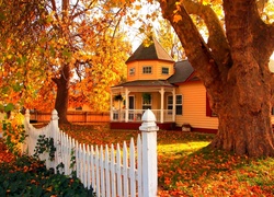 Jesień, Dom, Ogrodzenie, Drzewa, Liście