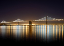 San Francisco, Oświetlony, Wiszący, Most, Noc, Odbicie