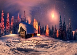Zima, Śnieg, Domek, Drzewa, Noc, Księżyc, Blask