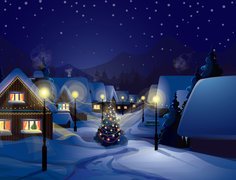 Boże Narodzenie, Grafika, Wieś, Śnieg, Choinka, Latarnie, Ulica, Noc