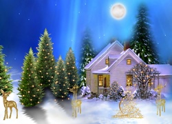 Boże, Narodzenie, Zima, Śnieg, Domy, Choinki, Ozdoby