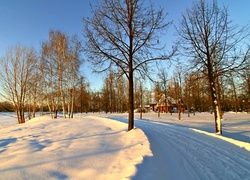 Zima, Śnieg, Droga, Drzewa, Domek