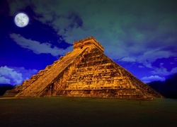 Meksyk, Chichén Itzá, Piramida, Świątynia, Kukulkana, Księżyc, Niebo, Chmury