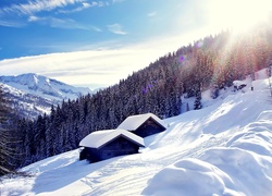 Zima, Śnieg, Alpy, Góry, Domki, Promienie, Słońca