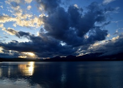 Jezioro, Niebo, Chmury, Zachód słońca
