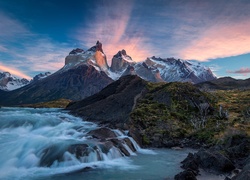 Chile, Góry Torres del Paine, Zachód, Słońca, Rzeka, Park Narodowy Torres del Paine