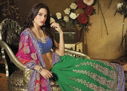 Kobieta, Sari, Fotel, Kwiaty