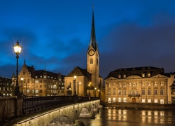 Szwajcaria, Zurych, Rzeka Limmat, Most Munsterbrucke, Kościół Fraumunster, Latarnia