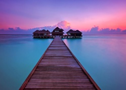 Malediwy, Morze, Molo, Zachód Słońca, Hoteliki, Tropiki