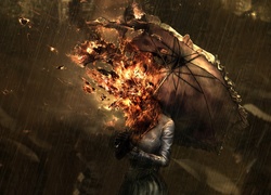 Kobieta, Deszcz, Parasol, Ogień