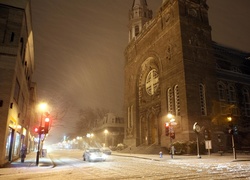 Zima, Śnieg, Kościół, Miasto, Noc