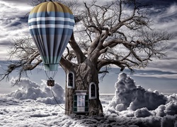Fantasy, Grafika, Drzewo, Chmury, Balon