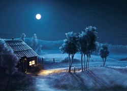 Dom, Drzewa, Noc, Księżyc