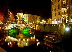 Budynki, Most, Rzeka, Miasto Nocą, Lublana, Słowenia