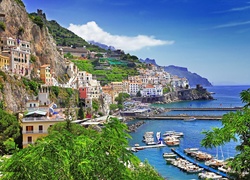 Włochy, Positano, Morze, Hotele, Góry, Łodzie, Zdjęcie miasta, Wybrzeże