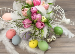 Wielkanoc, Jajka, Piórka, Tulipany, Koszyk, Zielone Gałązki