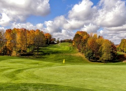 Jesień, Pole, Golfowe, Drzewa, Domek