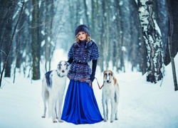 Kobieta, Psy, Las, Śnieg