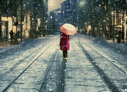 Zima, Ulica, Kobieta, Parasol, Padający, Śnieg, Kamienice