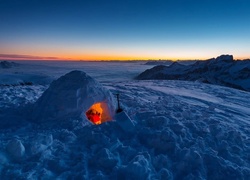 Zachód, Słońca, Igloo, Śnieg, Skały