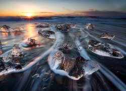 Islandia, Morze, Lód, Fale, Wschód Słońca, Park Narodowy Vatnajökull