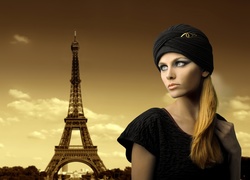 Kobieta, Blondynka, Makijaż, Turban, Paryż, Wieża Eiffla