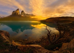 Góry, Jezioro, Skały, Zachód Słońca, Chile