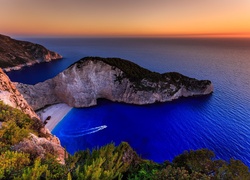 Ocean, Zachód Słońca, Wybrzeże, Plaża, Navagio, Grecja