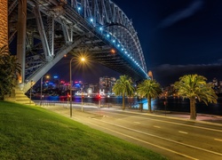 Australia, Sydney, Most, Noc, Rzeka, Droga, Światła, Palmy